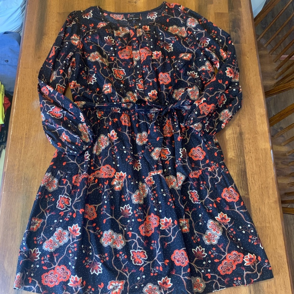 Lane Bryant Dress 18 Navy with Red Orange Floral Belted Tiered Fit-in-flare